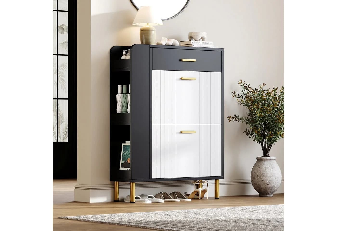 Merax Schuhschrank Schwarz-Weiß mit 2 Klappen, 1 Schublade & 3 Fächern - Bild 2