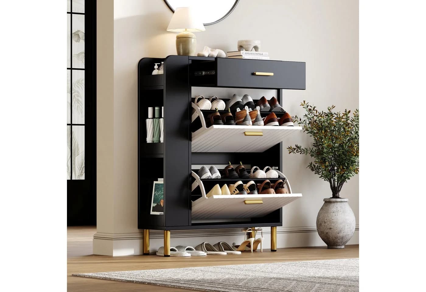 Merax Schuhschrank Schwarz-Weiß mit 2 Klappen, 1 Schublade & 3 Fächern - Bild 3