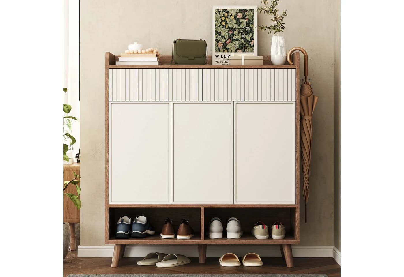 Merax Schuhschrank Sideboard Weiß Holz-Optik 3 Türen 2 Schubladen