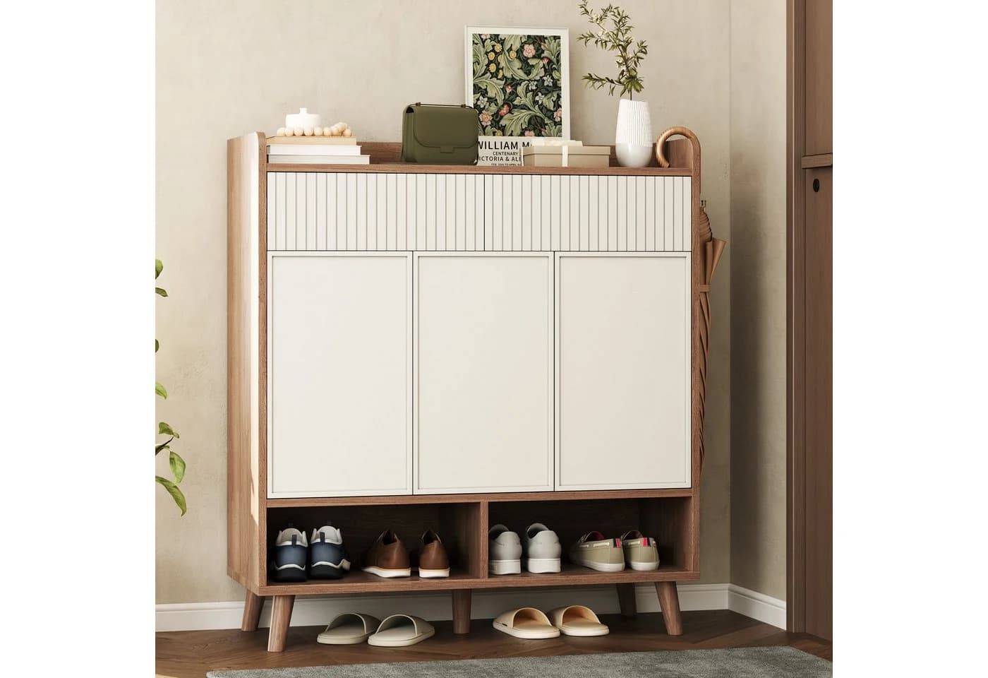 Merax Schuhschrank Sideboard Weiß Holz-Optik 3 Türen 2 Schubladen - Bild 2