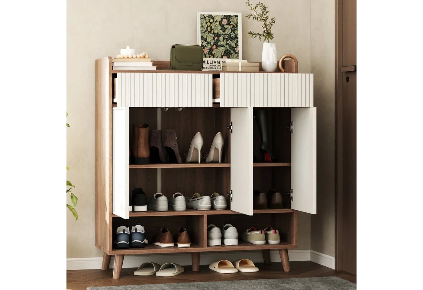 Merax Schuhschrank Sideboard Weiß Holz-Optik 3 Türen 2 Schubladen - Bild 3