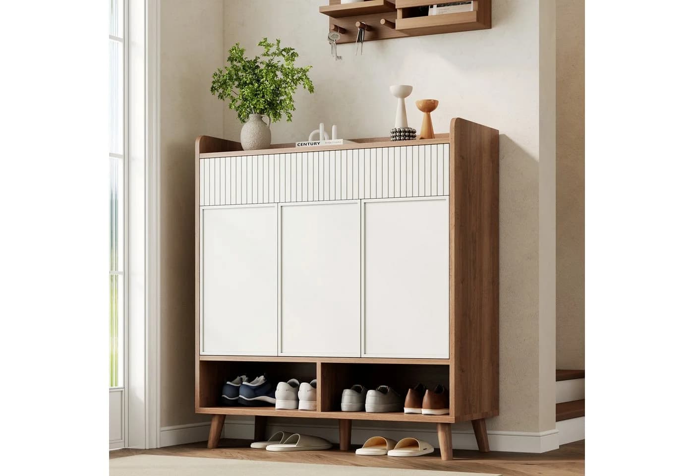 Merax Schuhschrank Sideboard Weiß Holz-Optik 3 Türen 2 Schubladen - Bild 4