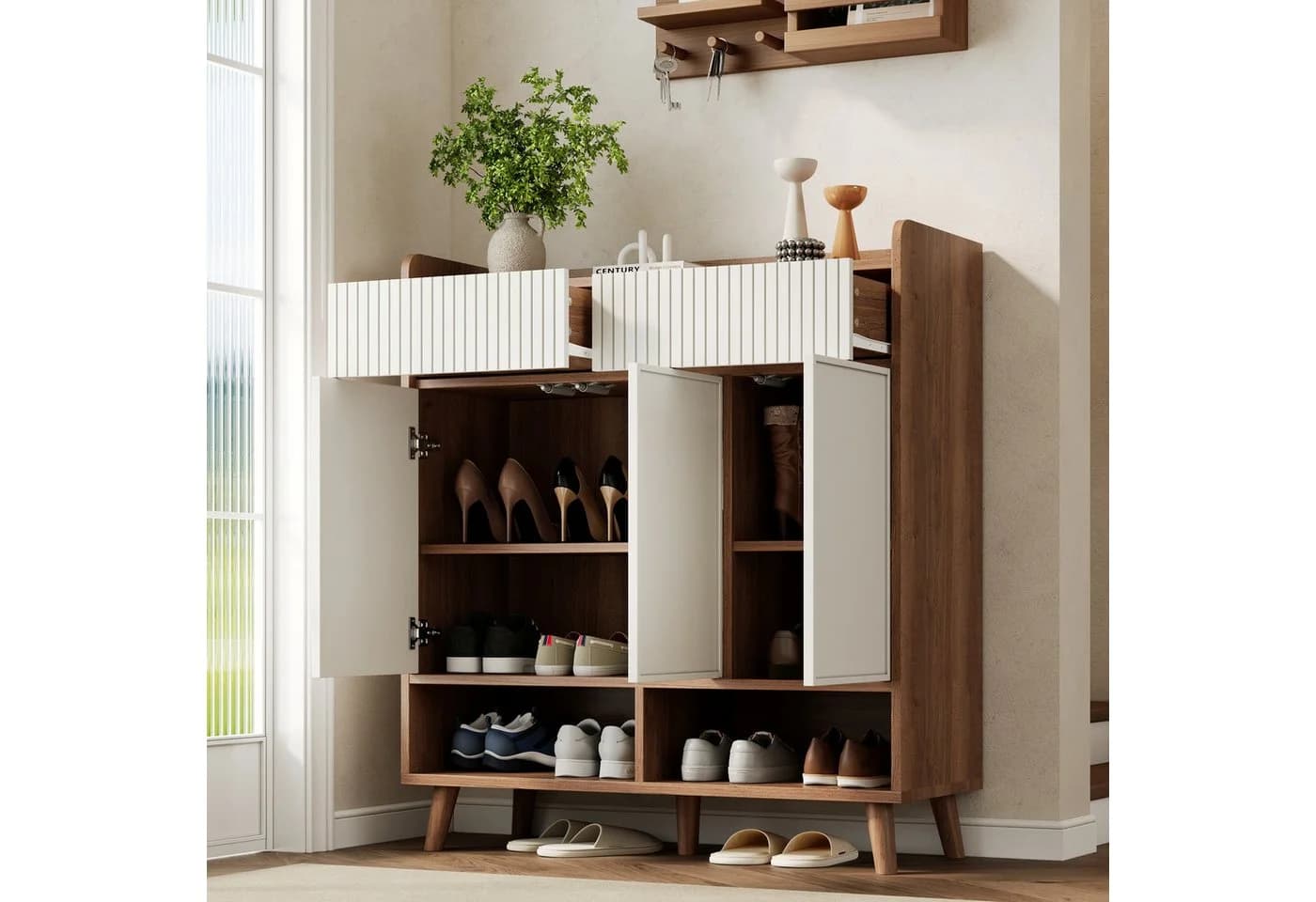 Merax Schuhschrank Sideboard Weiß Holz-Optik 3 Türen 2 Schubladen - Bild 5