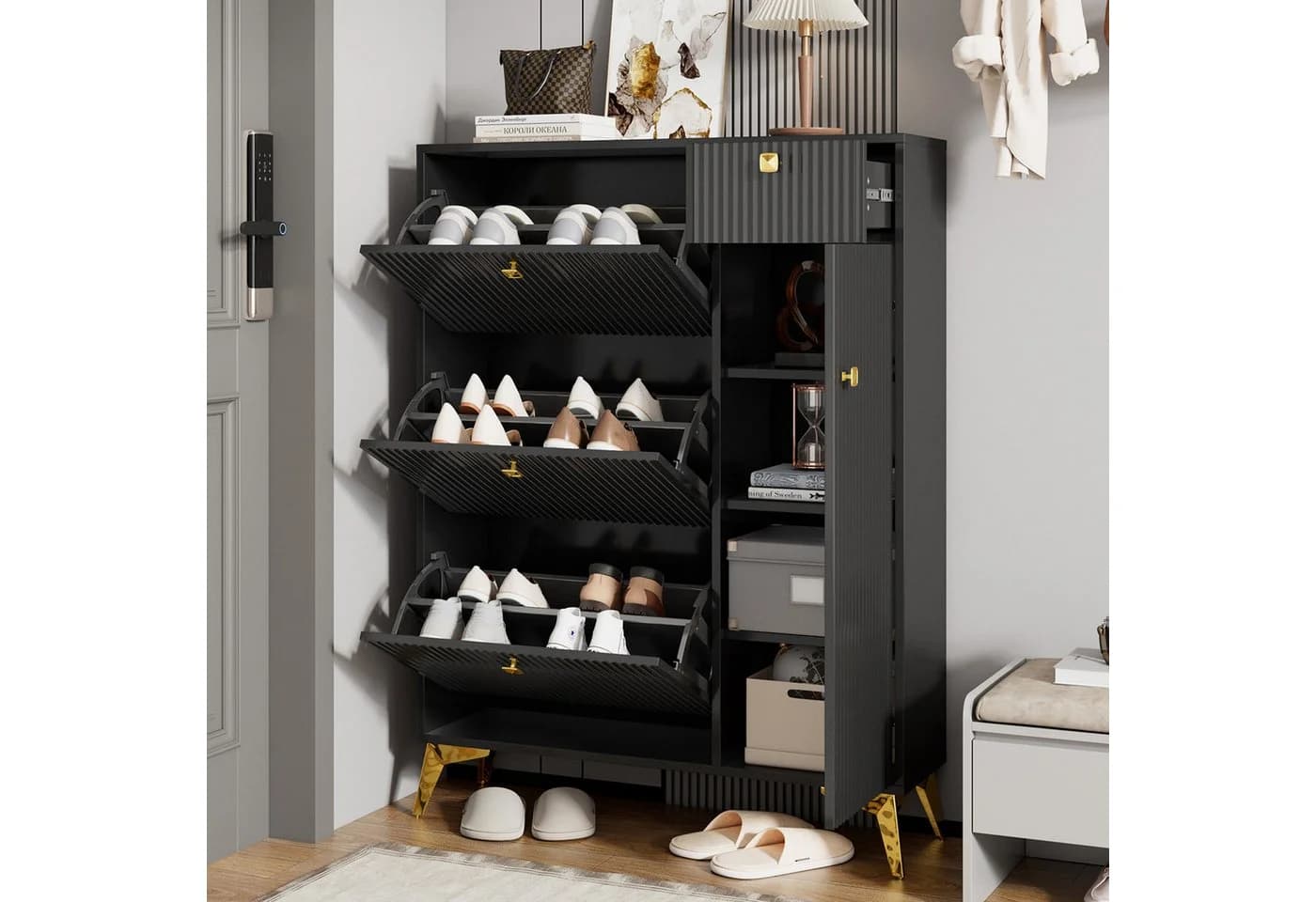 Merax Schuhschrank 3 Klappen Tür Schublade Weiß Schwarz - Bild 2