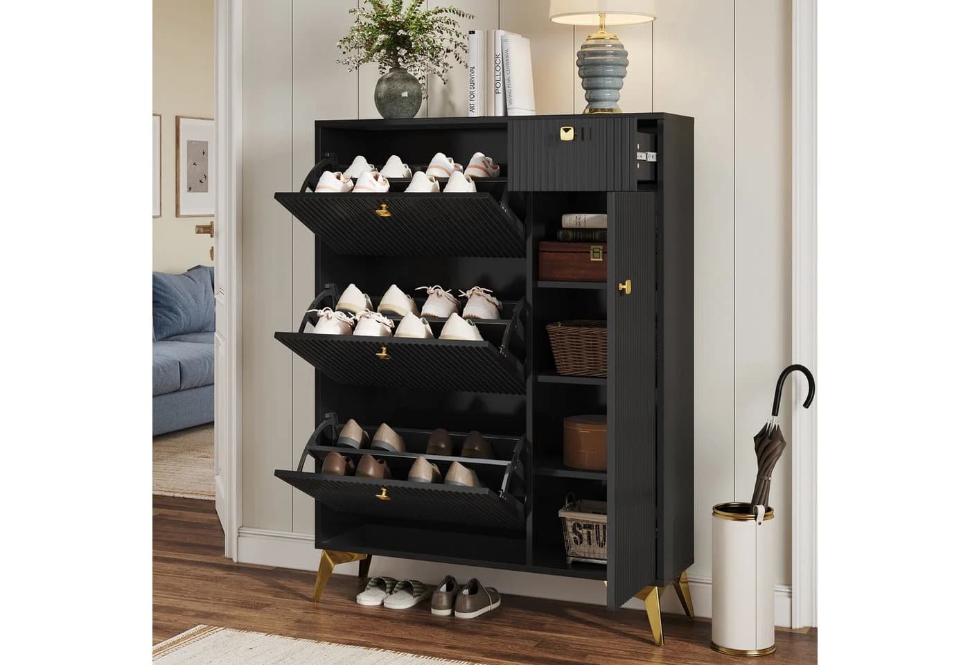 Merax Schuhschrank 3 Klappen Tür Schublade Weiß Schwarz - Bild 3