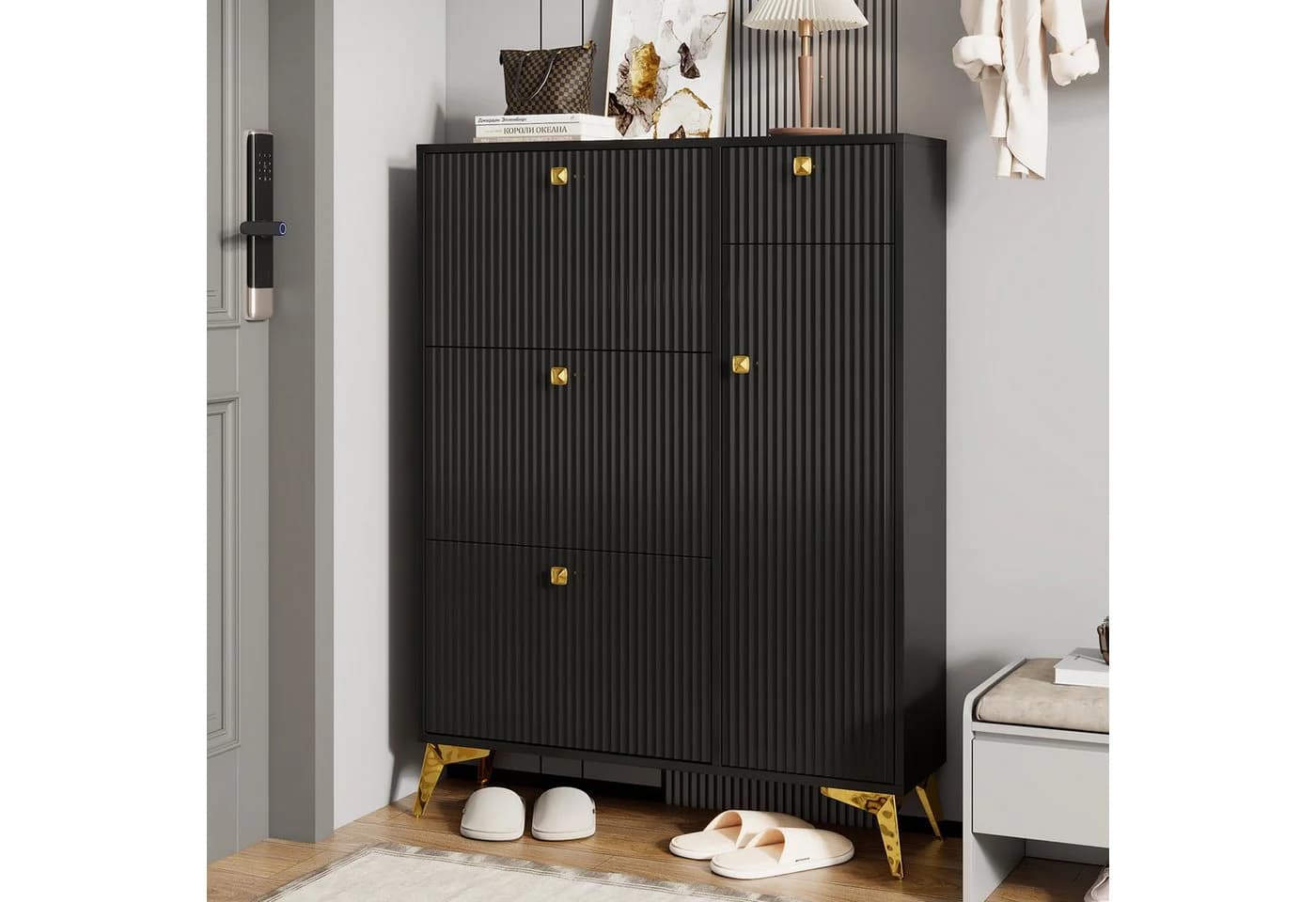Merax Schuhschrank 3 Klappen Tür Schublade Weiß Schwarz - Bild 4