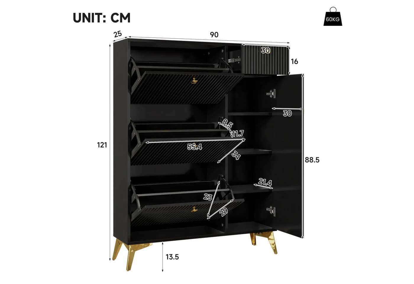 Merax Schuhschrank 3 Klappen Tür Schublade Weiß Schwarz - Bild 5