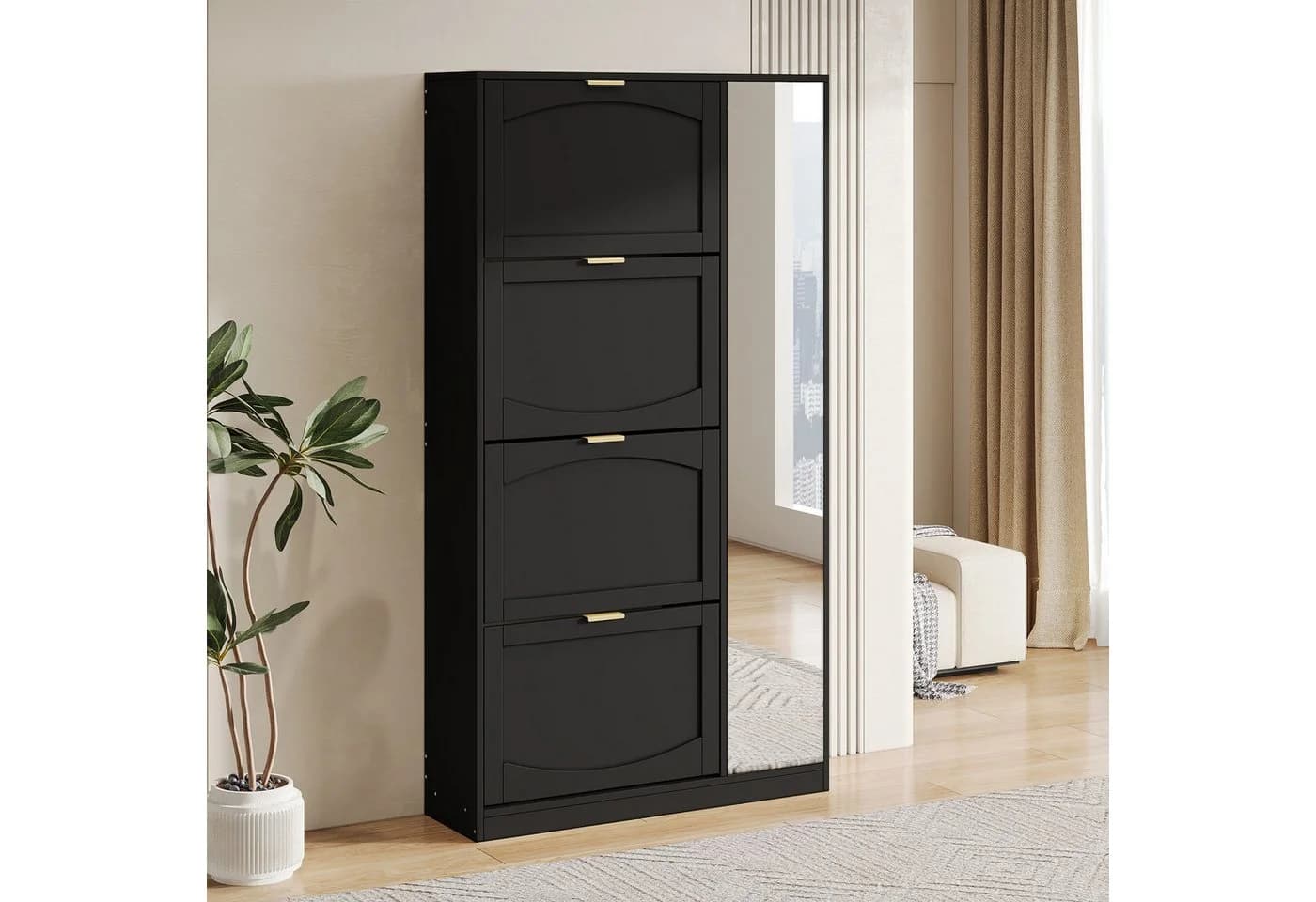 Merax Schuhschrank mit Spiegel und 4 Klappen Schwarz - Bild 2