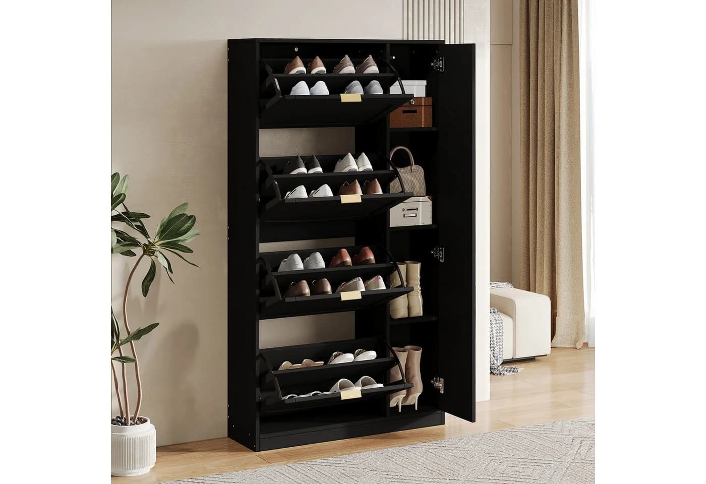 Merax Schuhschrank mit Spiegel und 4 Klappen Schwarz - Bild 3