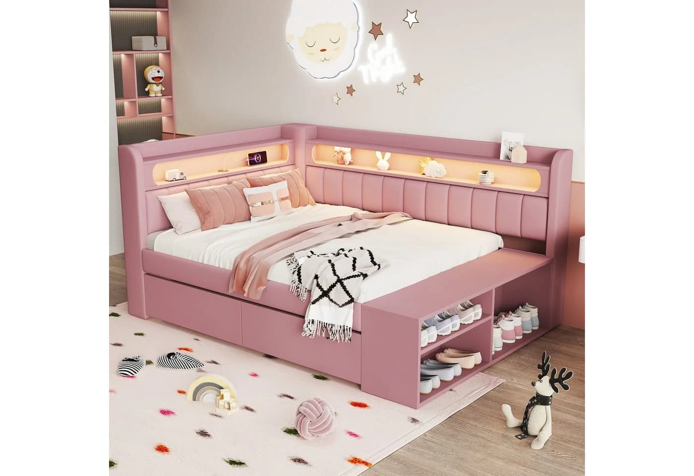 Merax Daybett 90x200 Rosa mit USB, LED & Stauraum