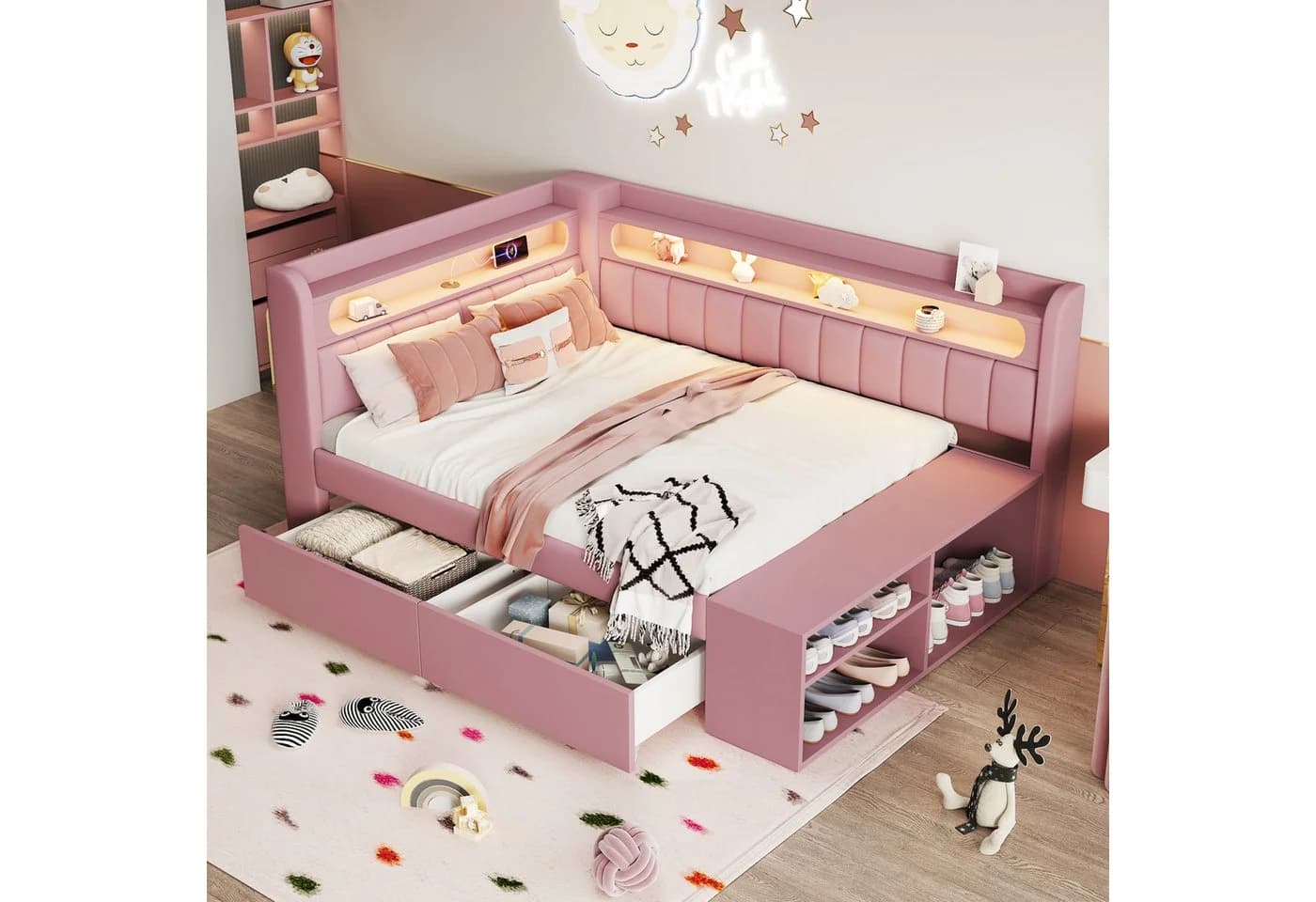 Merax Daybett 90x200 Rosa mit USB, LED & Stauraum - Bild 2