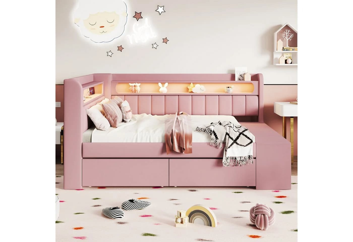 Merax Daybett 90x200 Rosa mit USB, LED & Stauraum - Bild 3