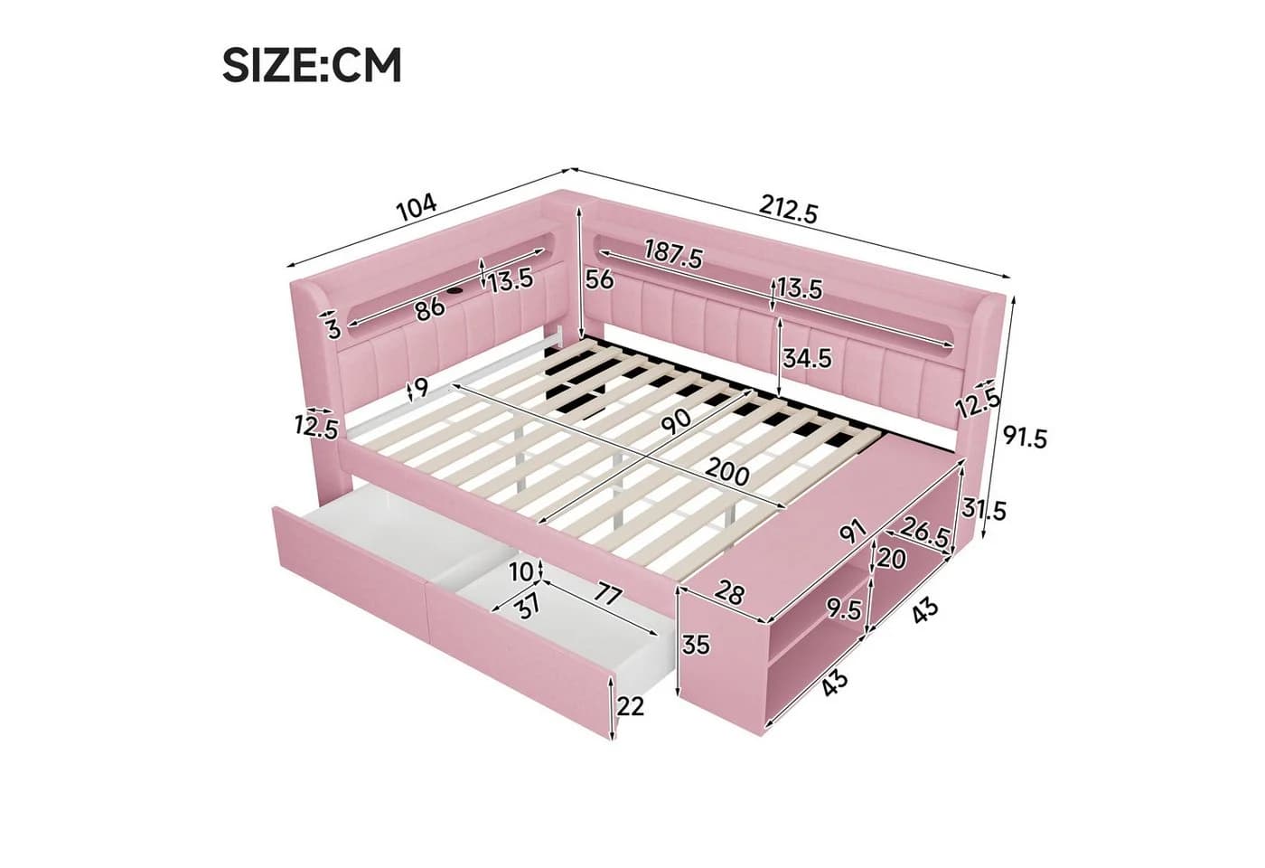 Merax Daybett 90x200 Rosa mit USB, LED & Stauraum - Bild 5