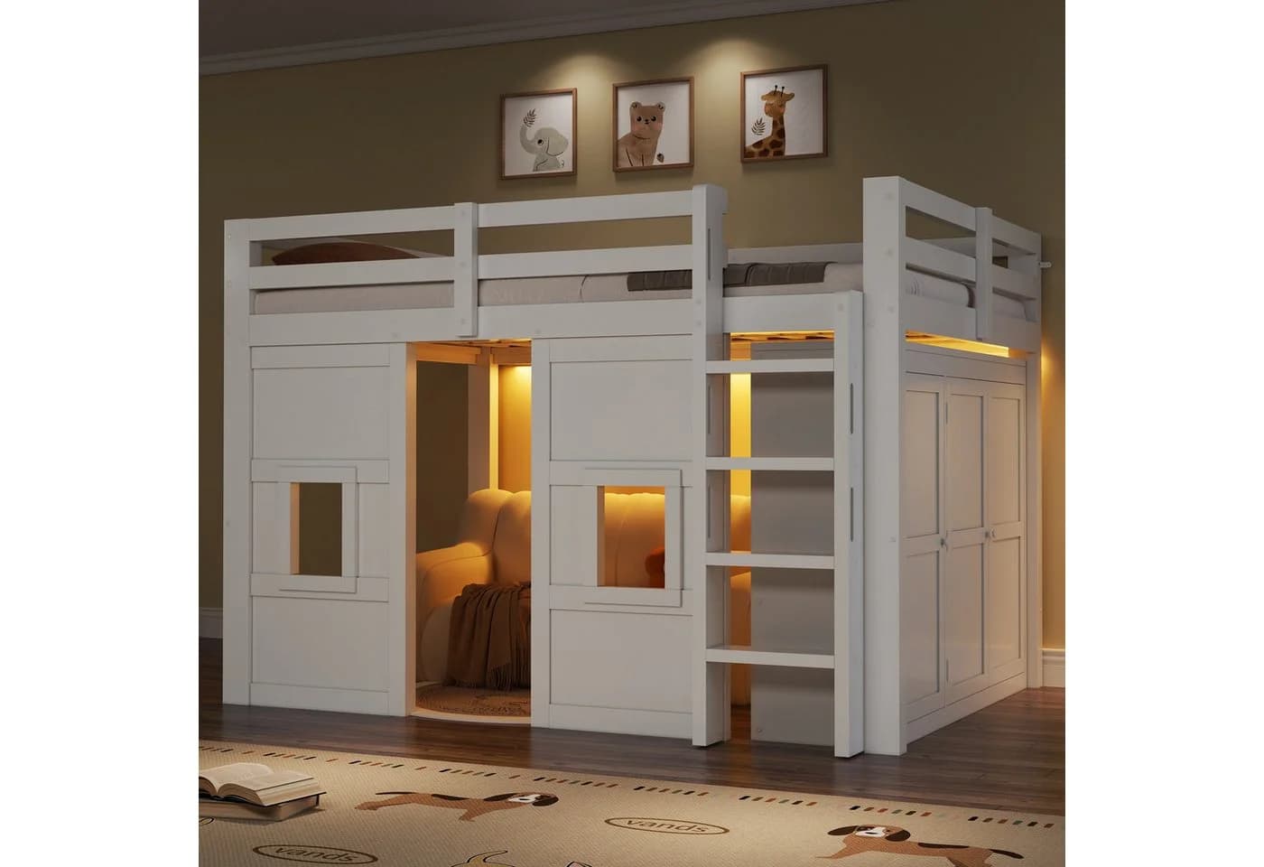 Merax Hochbett mit LED-Beleuchtung und Kleiderschrank Weiß - Bild 2