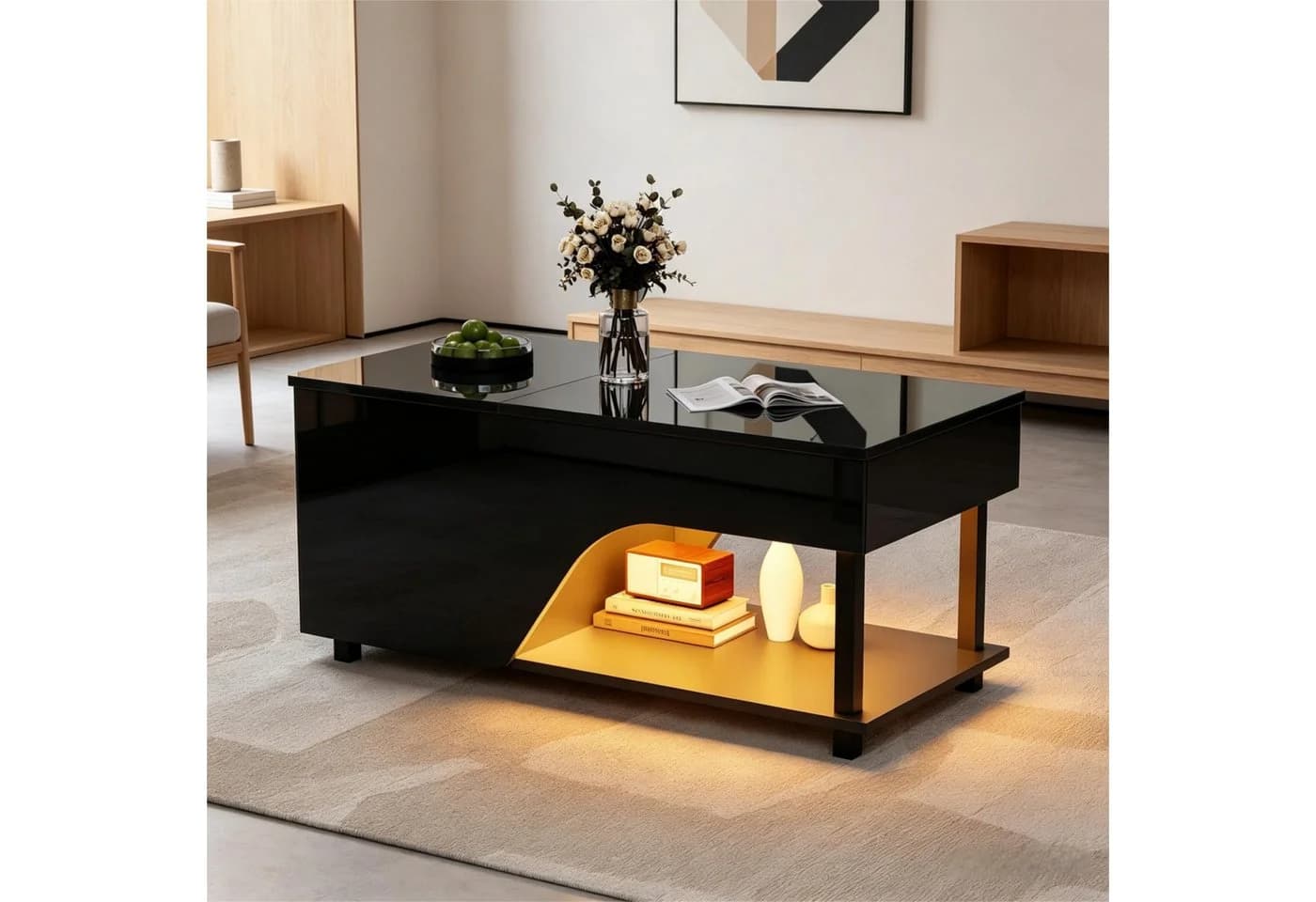 Merax Couchtisch höhenverstellbar mit LED-Beleuchtung und Stauraum