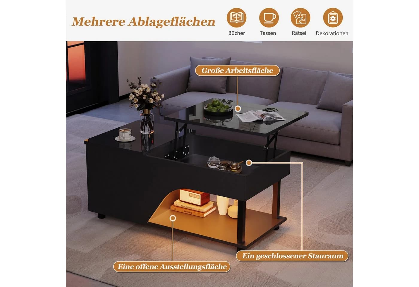 Merax Couchtisch höhenverstellbar mit LED-Beleuchtung und Stauraum - Bild 4