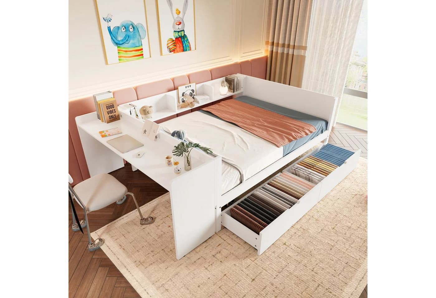 Flieks Kinderbett Doppelbett 140x200 mit Schreibtisch und Schubladen Weiß