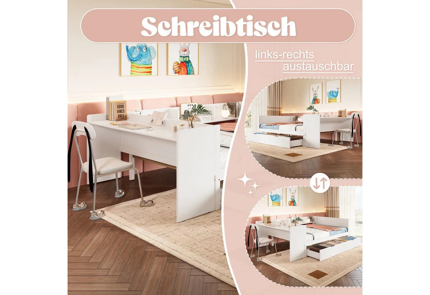 Flieks Kinderbett Doppelbett 140x200 mit Schreibtisch und Schubladen Weiß - Bild 4