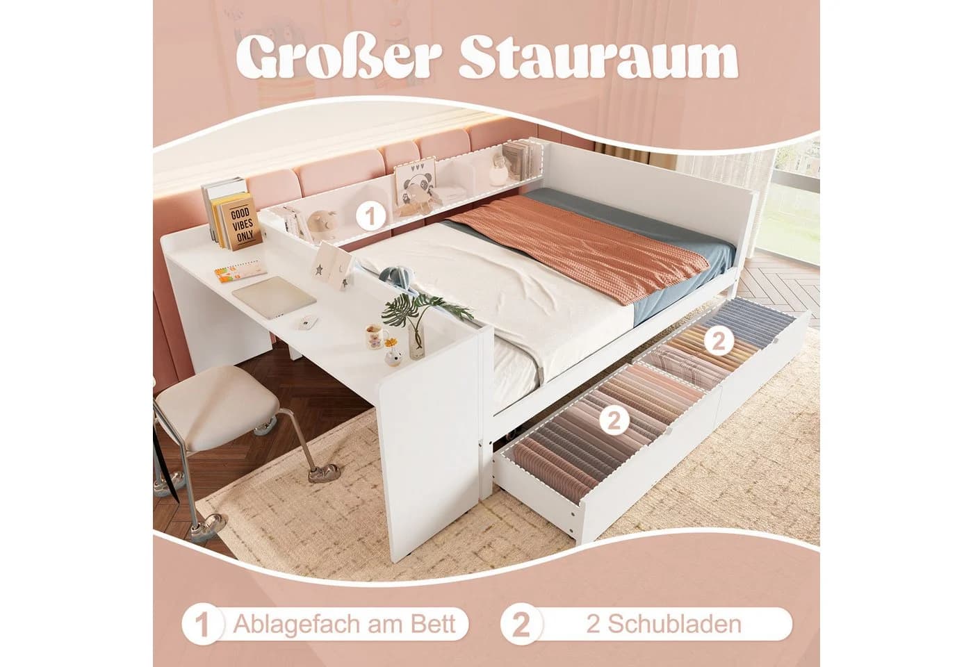 Flieks Kinderbett Doppelbett 140x200 mit Schreibtisch und Schubladen Weiß - Bild 5
