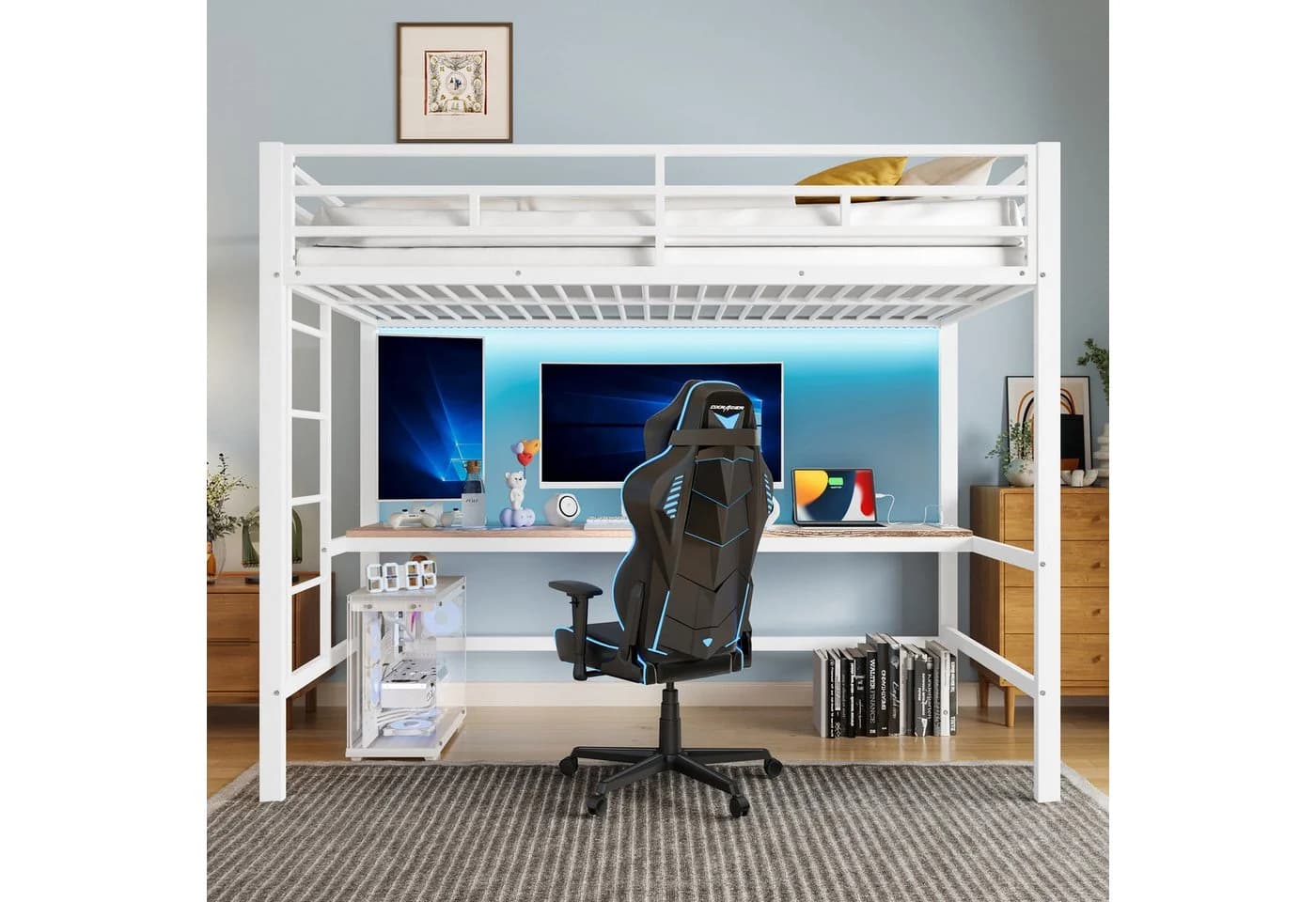 Flieks Hochbett Metallbett 90x200cm mit Leiter und Schreibtisch