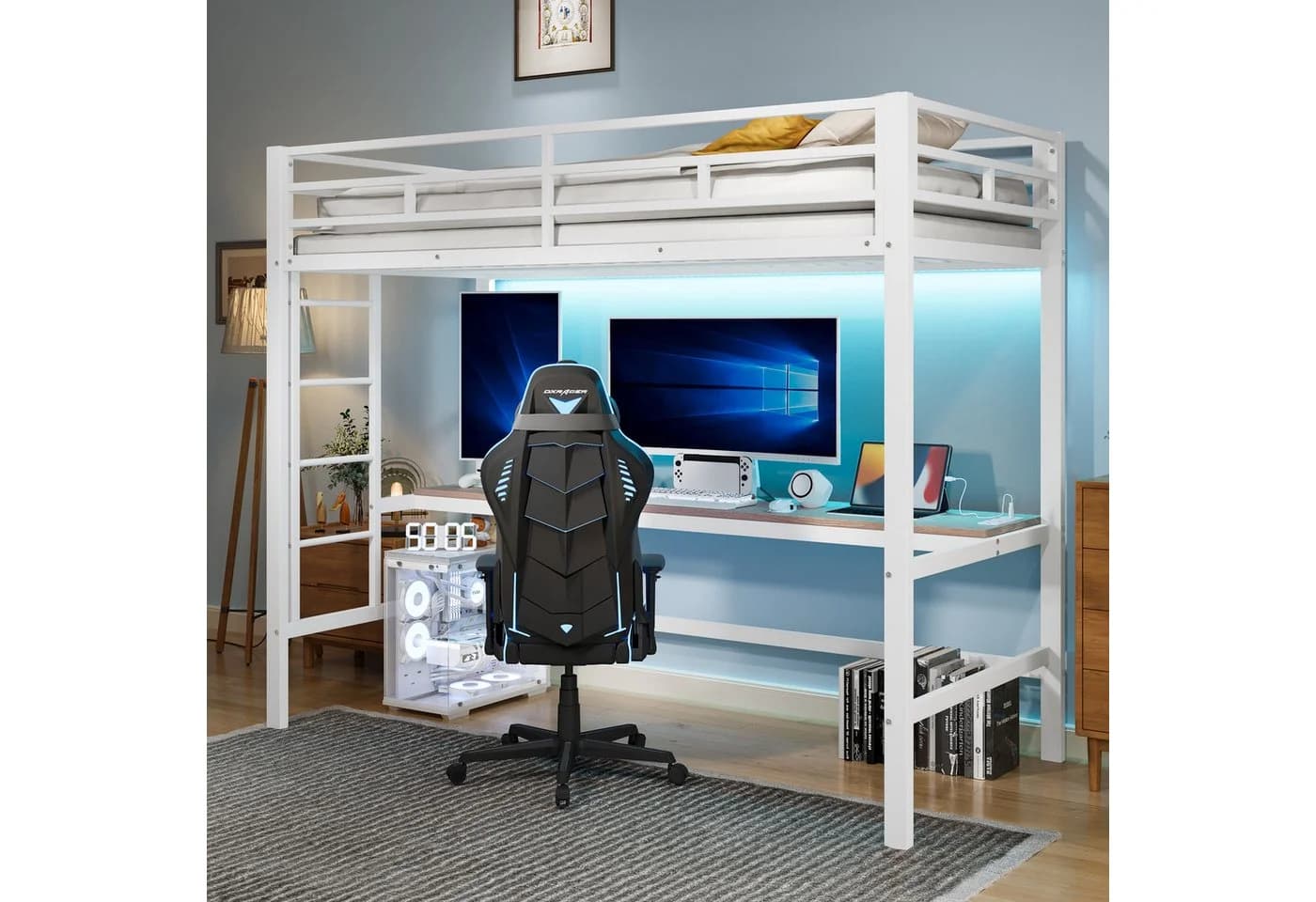 Flieks Hochbett Metallbett 90x200cm mit Leiter und Schreibtisch - Bild 2