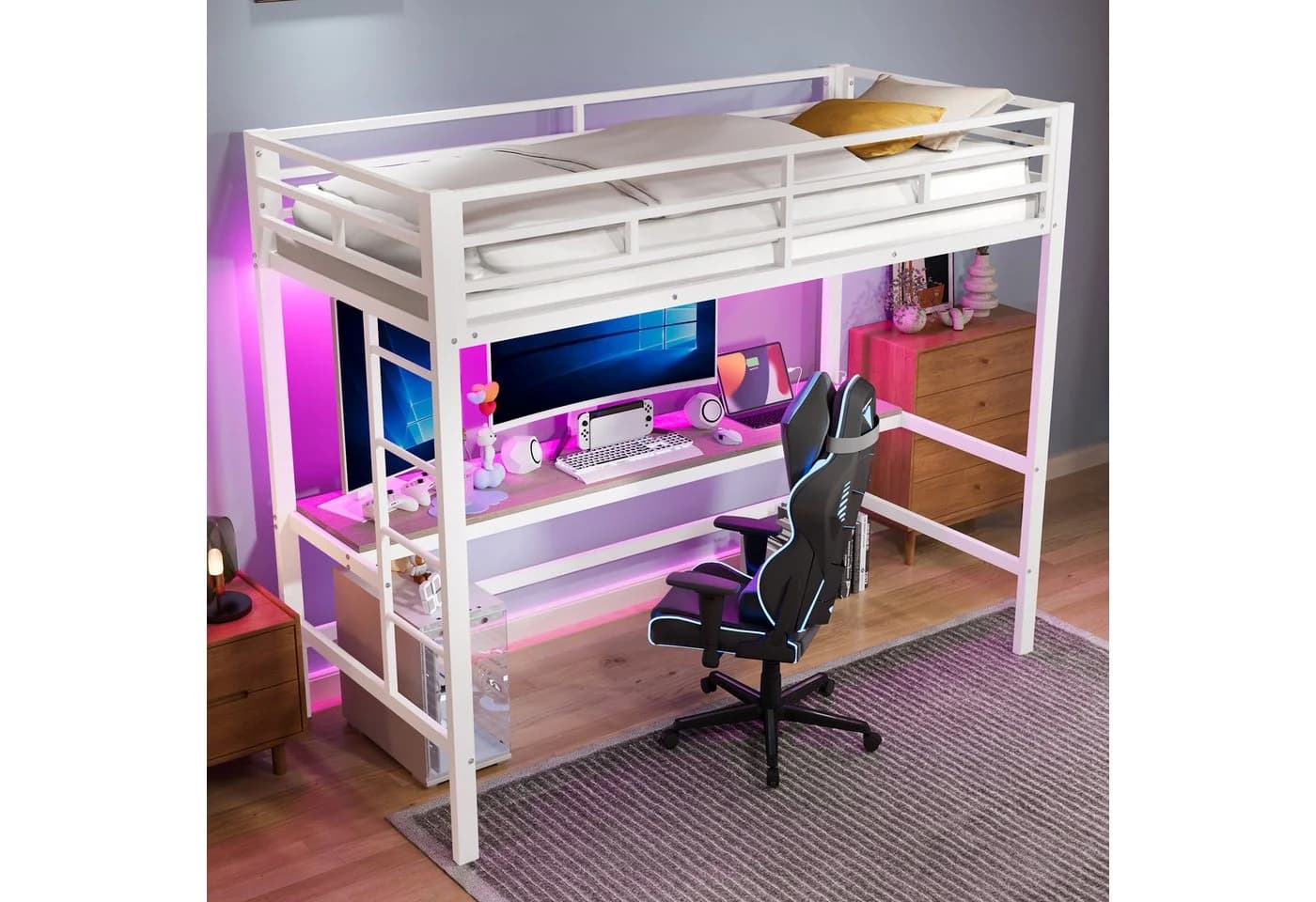 Flieks Hochbett Metallbett 90x200cm mit Leiter und Schreibtisch - Bild 3