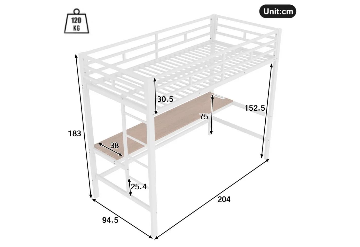 Flieks Hochbett Metallbett 90x200cm mit Leiter und Schreibtisch - Bild 5