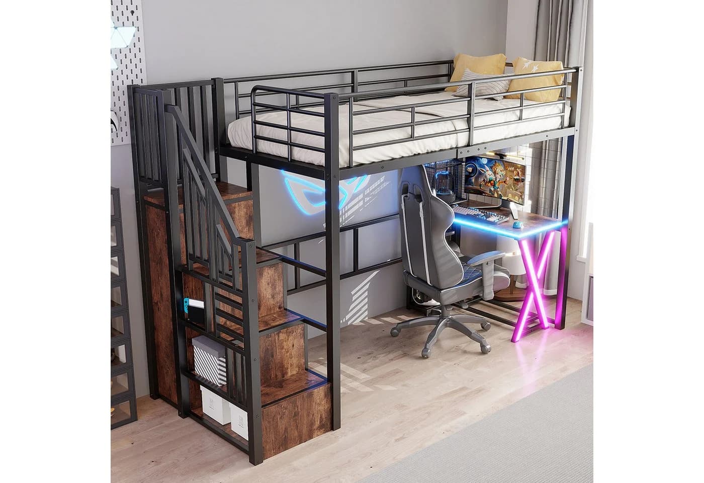 Flieks Hochbett LED Metallbett mit Schreibtisch und Stauraumtreppe Schwarz - Bild 3