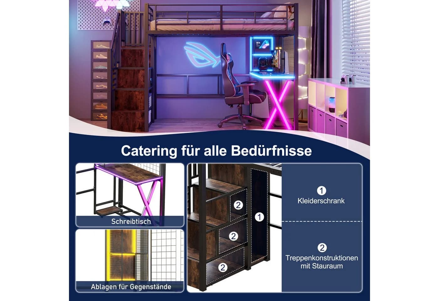Flieks Hochbett LED Metallbett mit Schreibtisch und Stauraumtreppe Schwarz - Bild 5