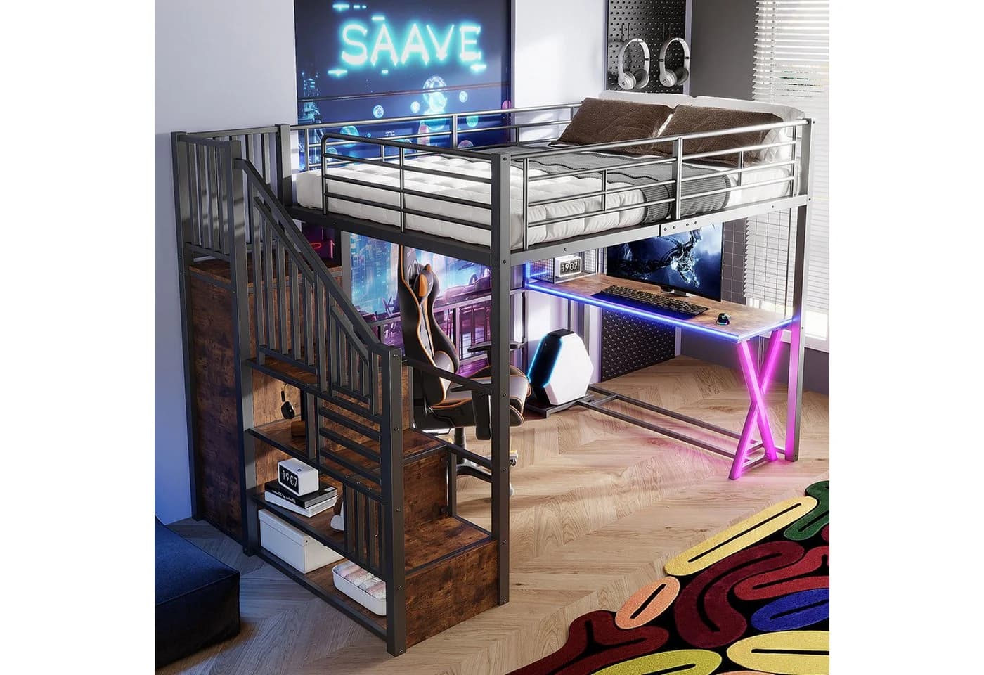 Flieks Hochbett LED Metallbett 140x200 mit Schreibtisch, Kleiderschrank und Stauraumtreppe - Bild 3