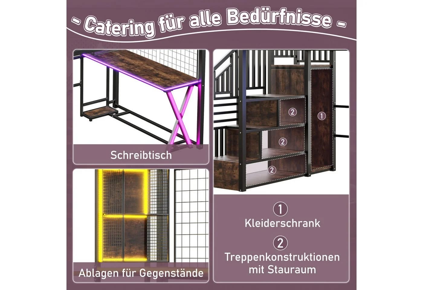 Flieks Hochbett LED Metallbett 140x200 mit Schreibtisch, Kleiderschrank und Stauraumtreppe - Bild 5