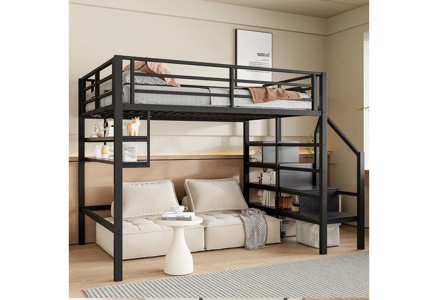 Flieks Hochbett Metallbett Schwarz mit Stauraumtreppe