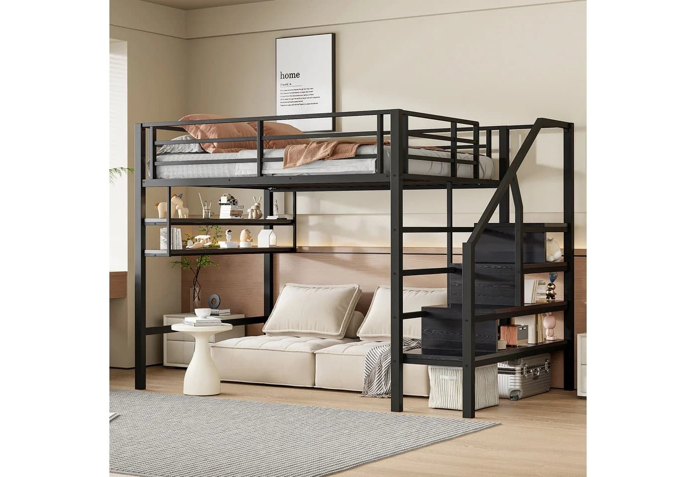 Flieks Hochbett Metallbett Schwarz mit Stauraumtreppe - Bild 2