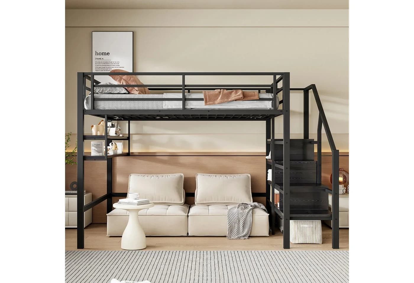 Flieks Hochbett Metallbett Schwarz mit Stauraumtreppe - Bild 3