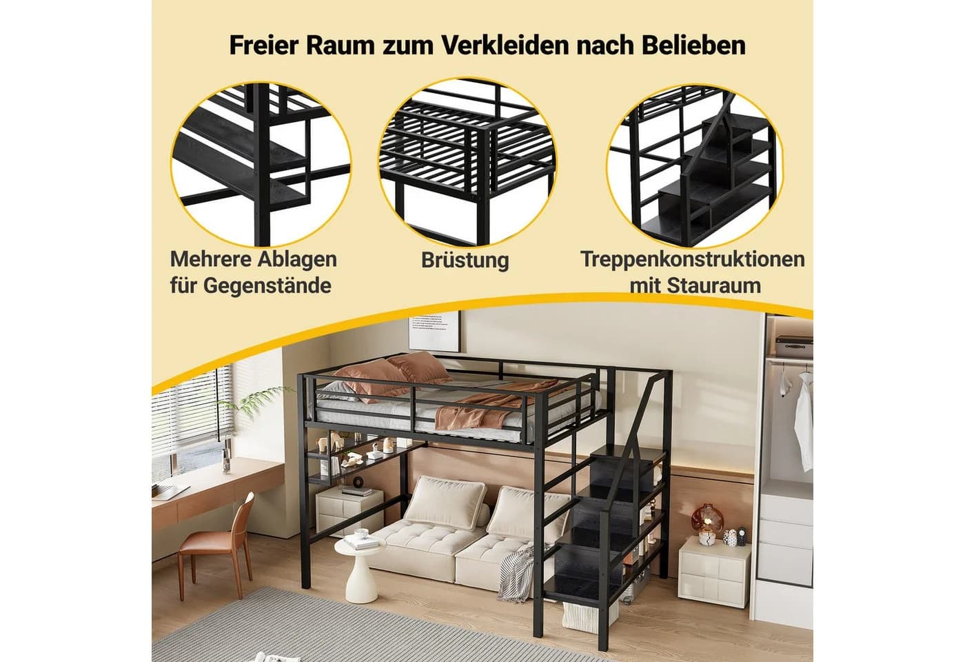 Flieks Hochbett Metallbett Schwarz mit Stauraumtreppe - Bild 4
