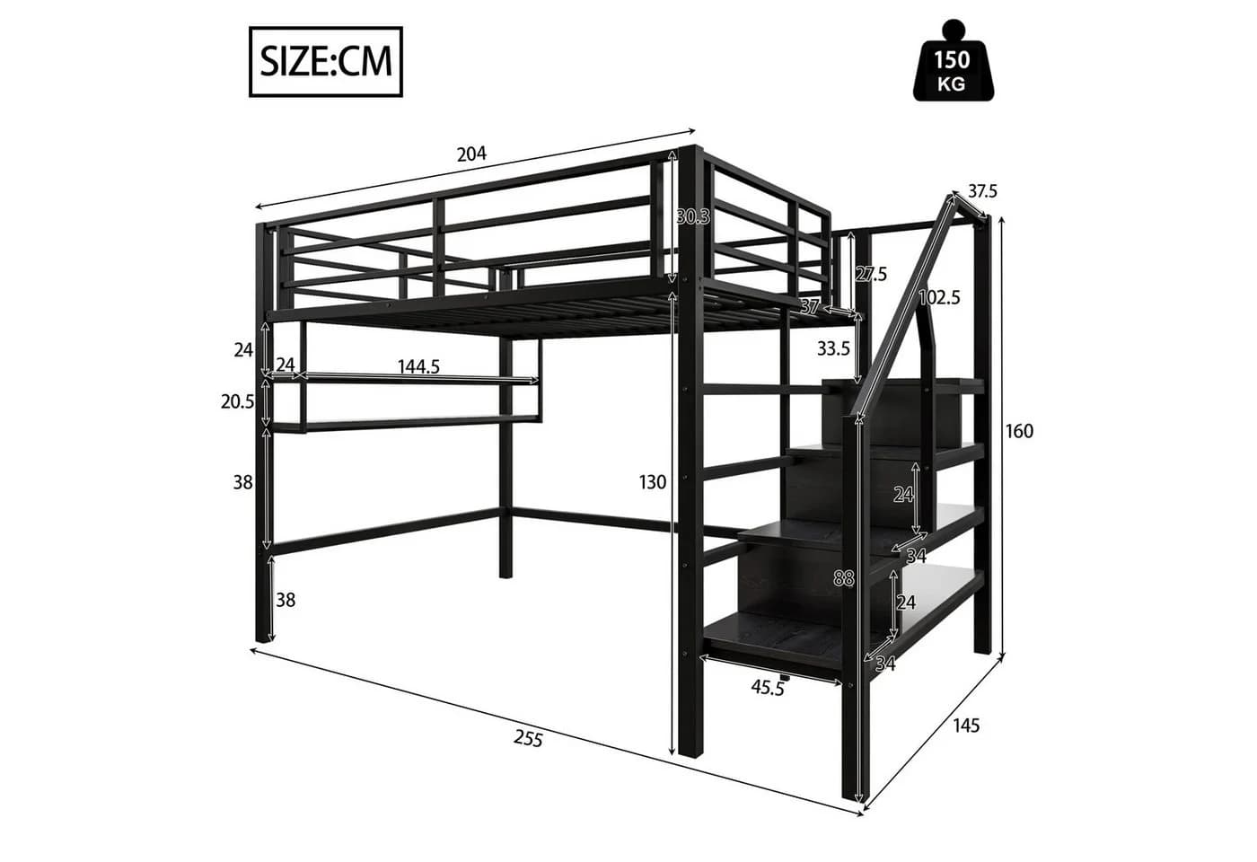 Flieks Hochbett Metallbett Schwarz mit Stauraumtreppe - Bild 5