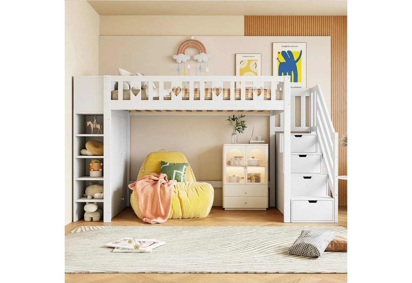 Flieks Hochbett mit Kleiderschrank und Stauraumtreppe Weiß
