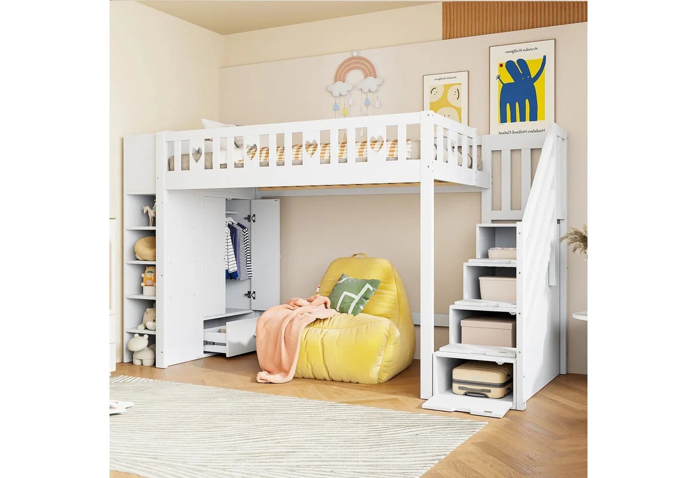Flieks Hochbett mit Kleiderschrank und Stauraumtreppe Weiß - Bild 2