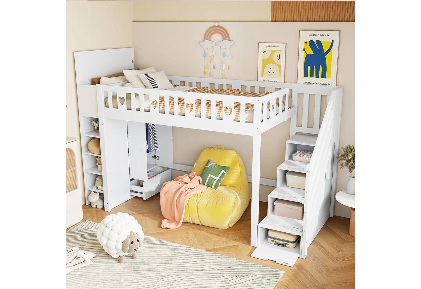 Flieks Hochbett mit Kleiderschrank und Stauraumtreppe Weiß - Bild 3