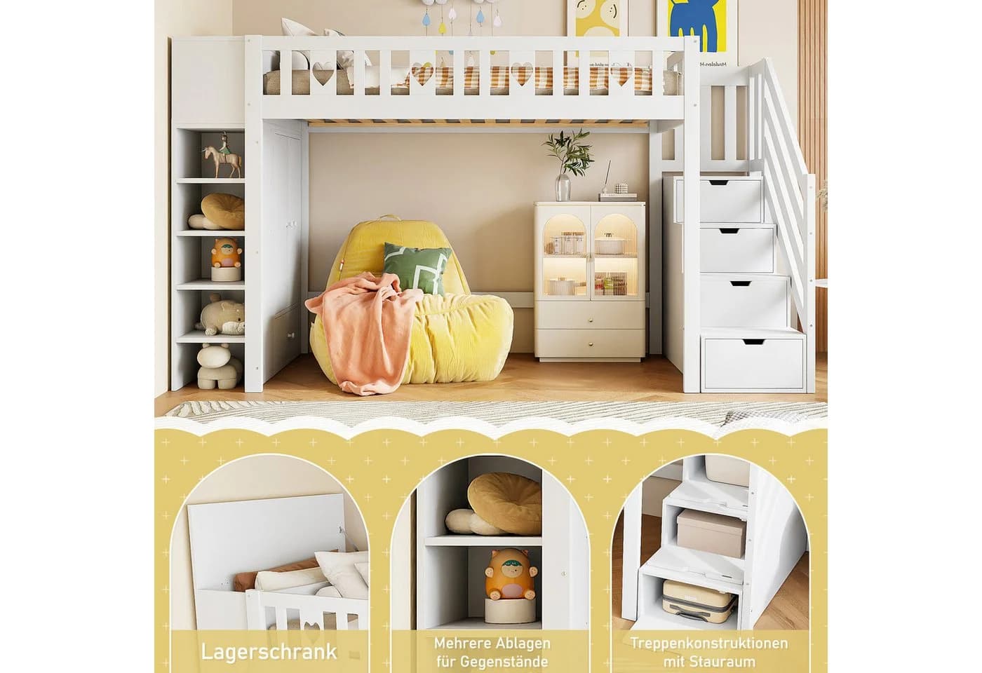Flieks Hochbett mit Kleiderschrank und Stauraumtreppe Weiß - Bild 4