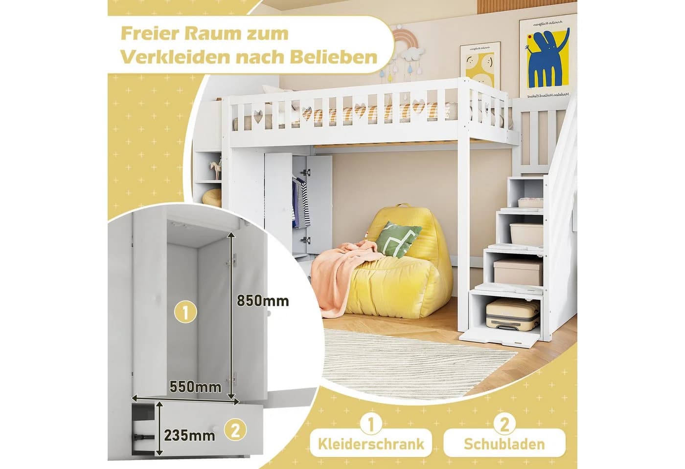 Flieks Hochbett mit Kleiderschrank und Stauraumtreppe Weiß - Bild 5