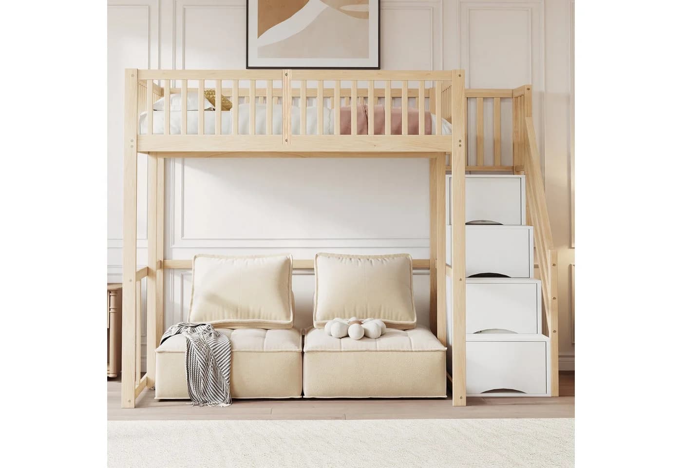 Flieks Hochbett Massivholz mit Stauraumtreppe Kinderbett