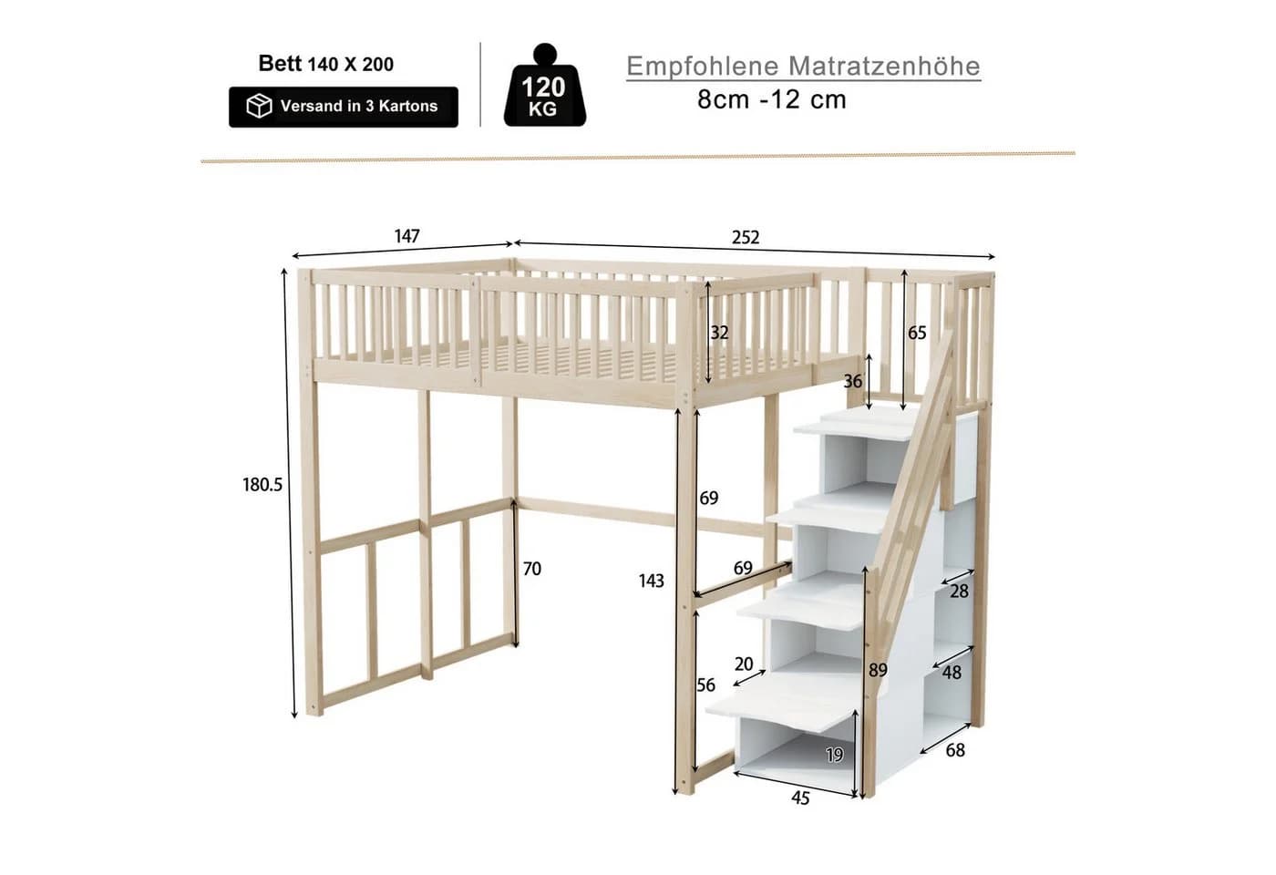 Flieks Hochbett Massivholz mit Stauraumtreppe Kinderbett - Bild 4