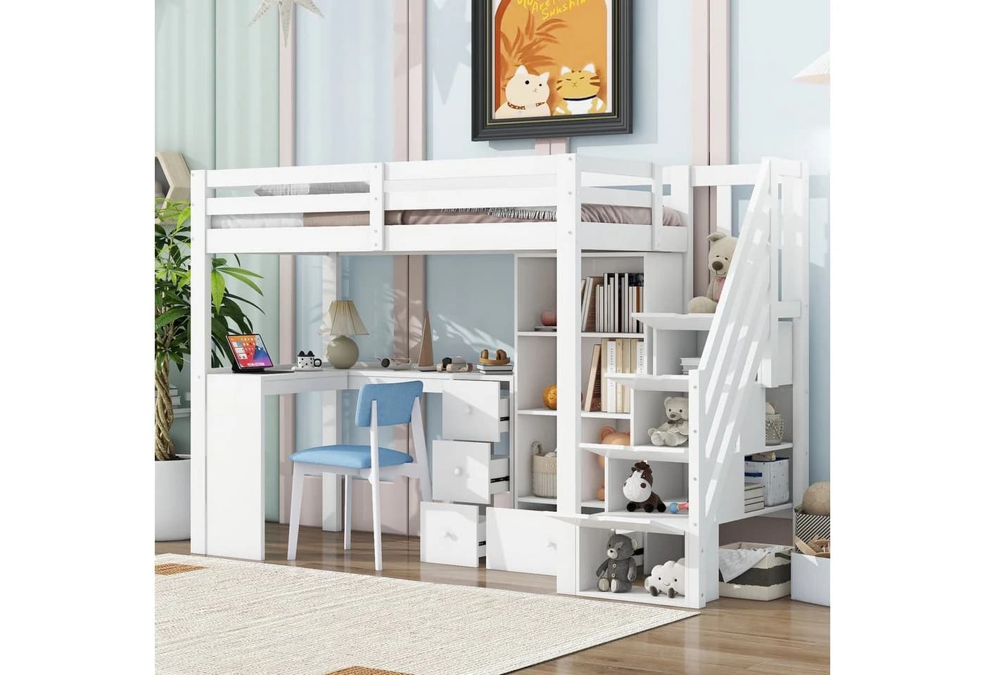 Flieks Hochbett mit Schreibtisch und Stauraumtreppe Weiss