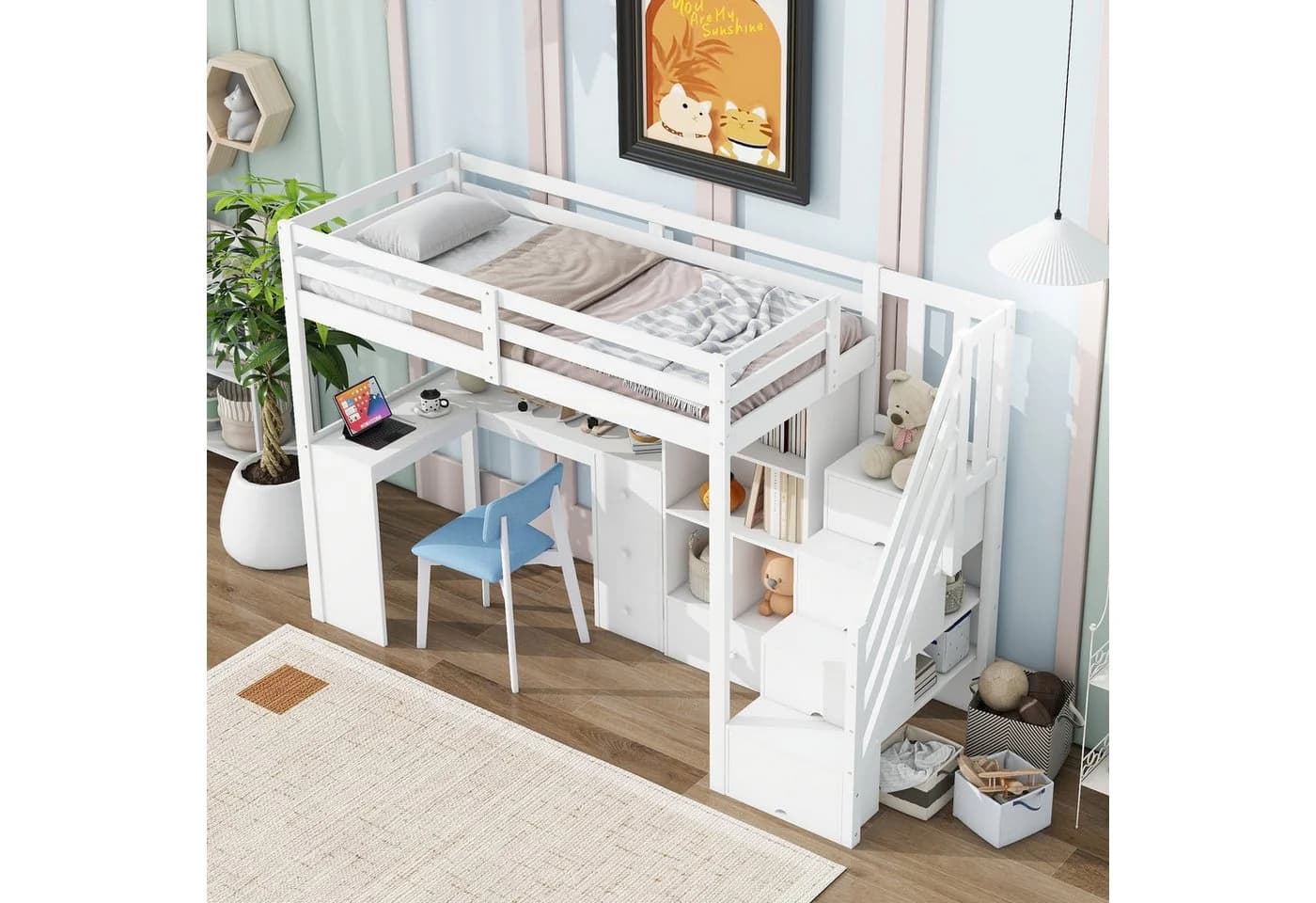 Flieks Hochbett mit Schreibtisch und Stauraumtreppe Weiss - Bild 3