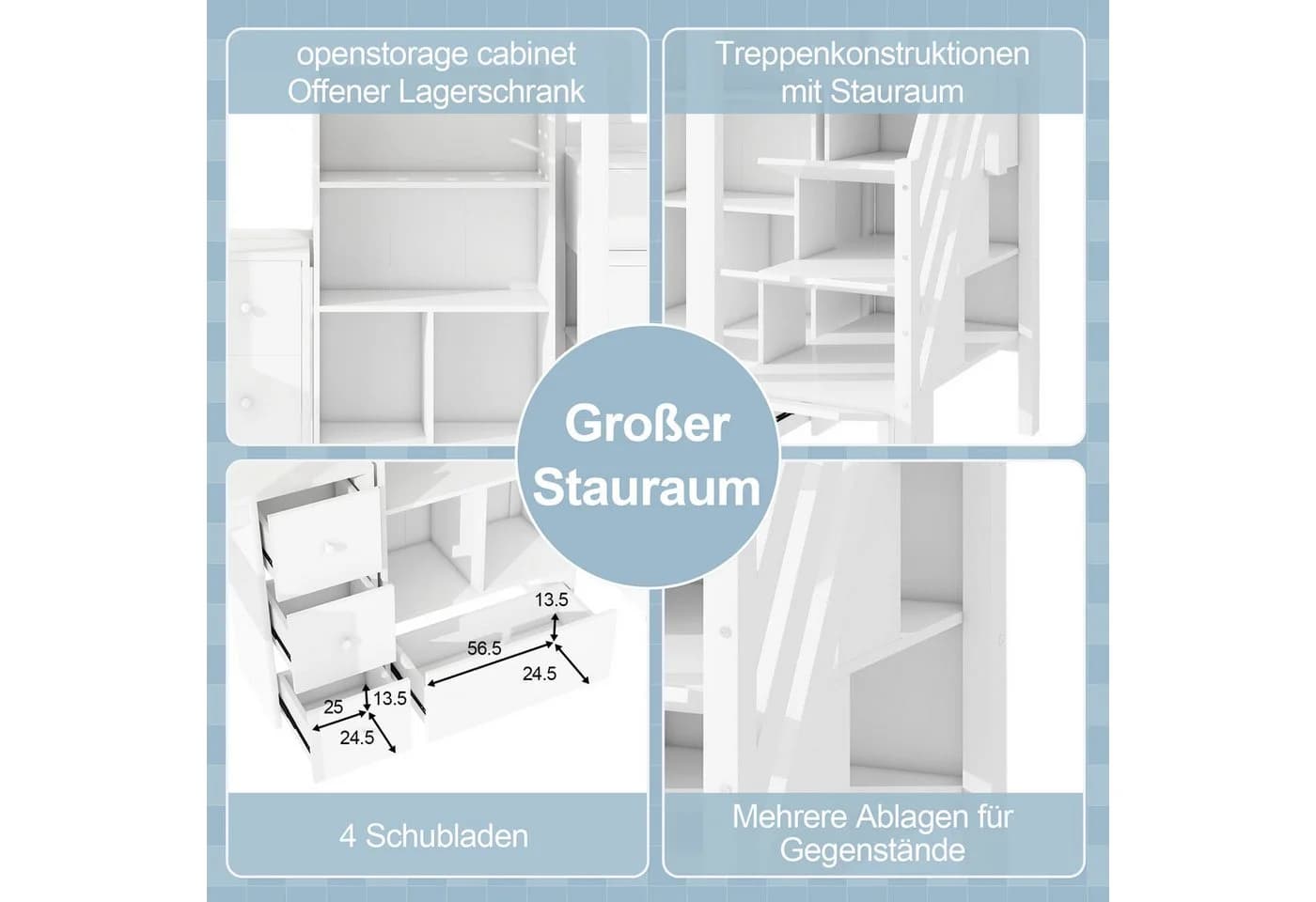 Flieks Hochbett mit Schreibtisch und Stauraumtreppe Weiss - Bild 4