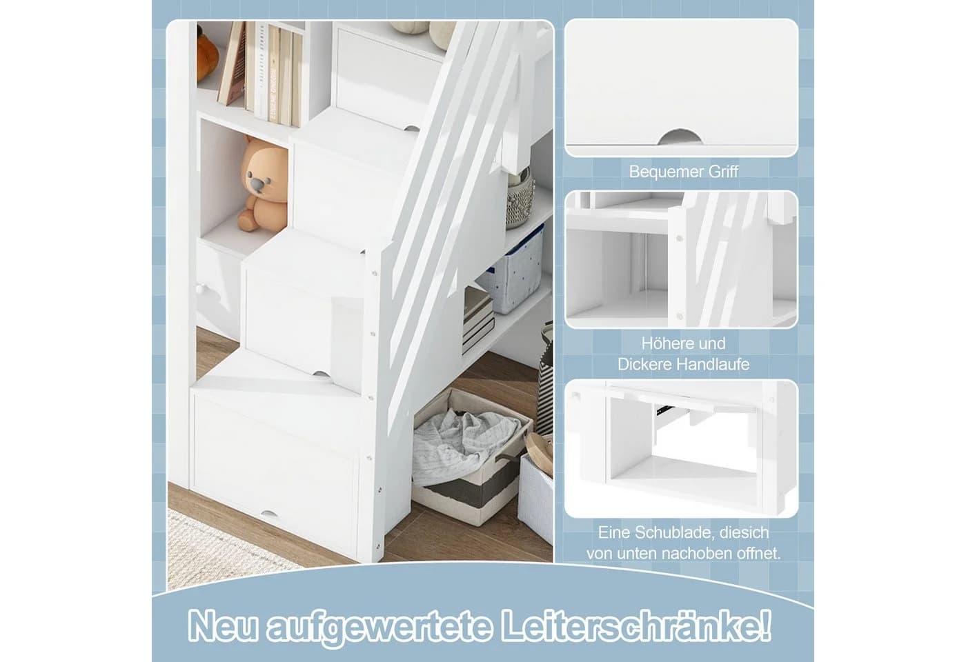 Flieks Hochbett mit Schreibtisch und Stauraumtreppe Weiss - Bild 5