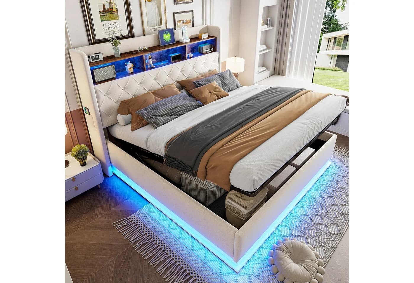 Flieks Polsterbett LED mit USB & Stauraum Beige