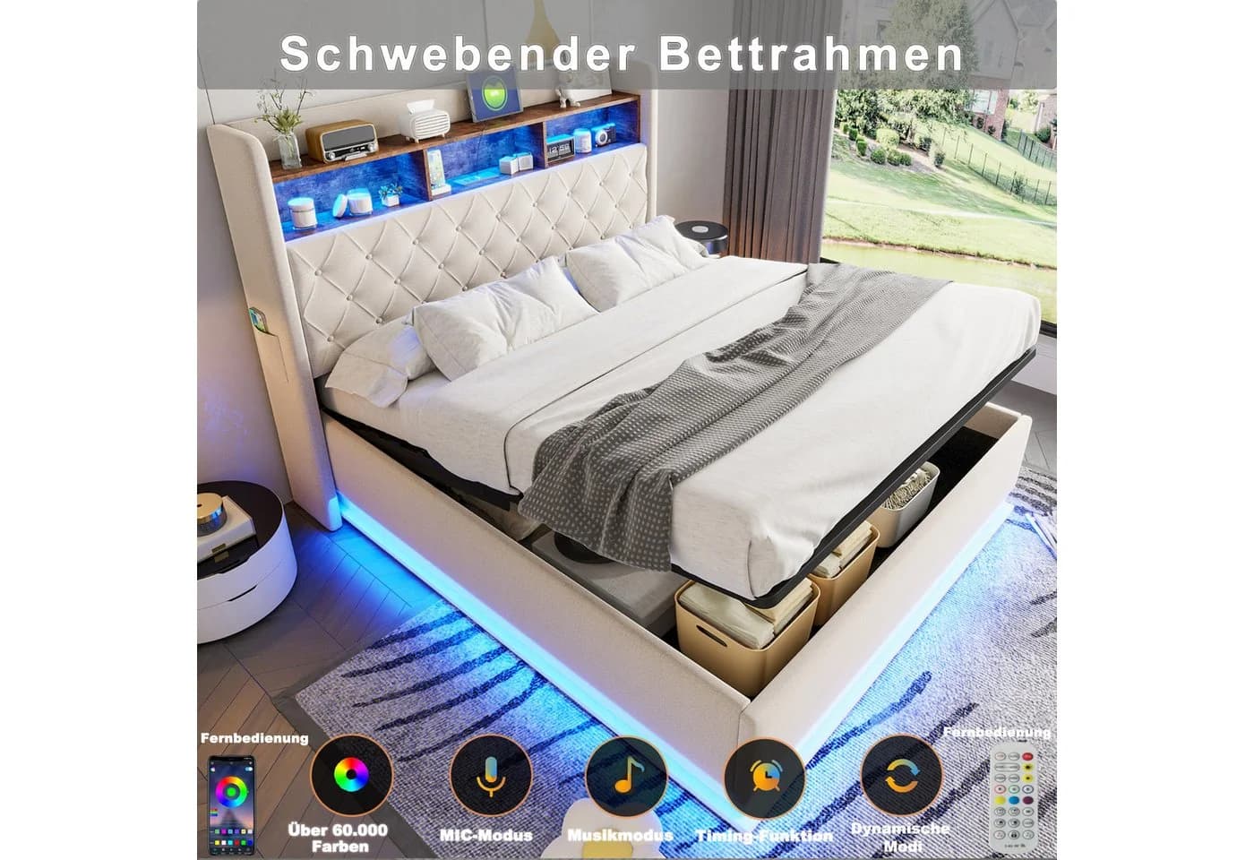 Flieks Polsterbett LED mit USB & Stauraum Beige - Bild 4