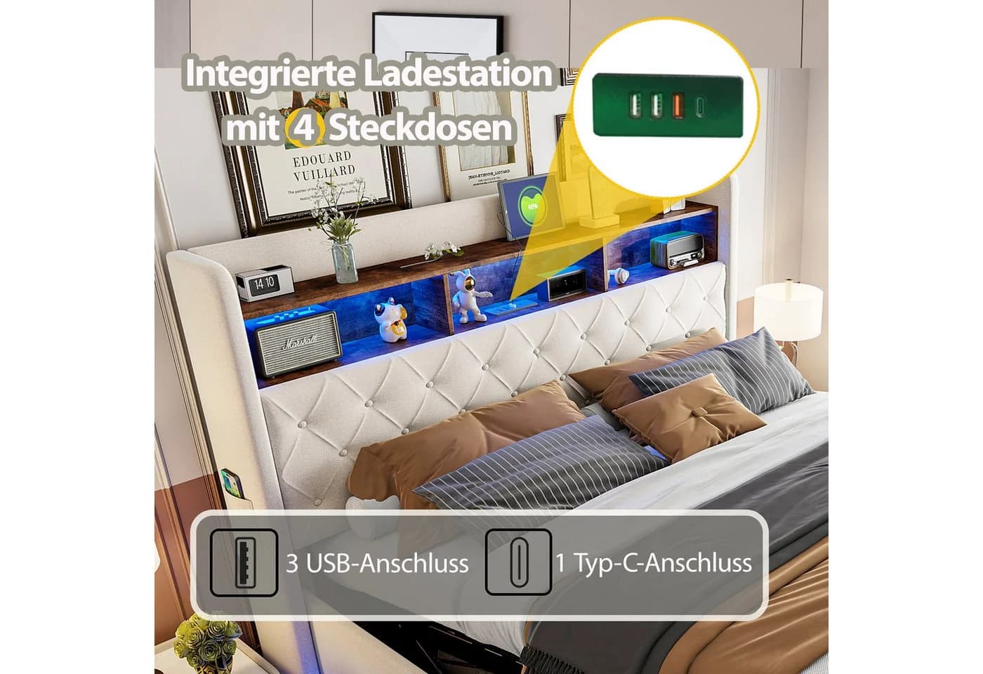 Flieks Polsterbett LED mit USB & Stauraum Beige - Bild 5